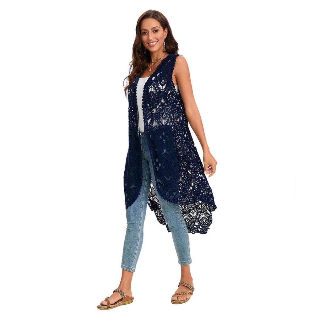 NWT Gleamiss Krochet Kimono Long Vest Cover Up